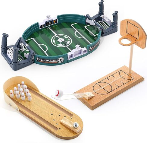 Soulchen Sports Table Top Game Set Mini Tabletop Wooden Bowling, Wooden Basketball, Plastic Soccer Set Office Desk Toy Decor Gag Cute White Elephant Christmas Fun Gifts for Family Party Indoor in Kuwait