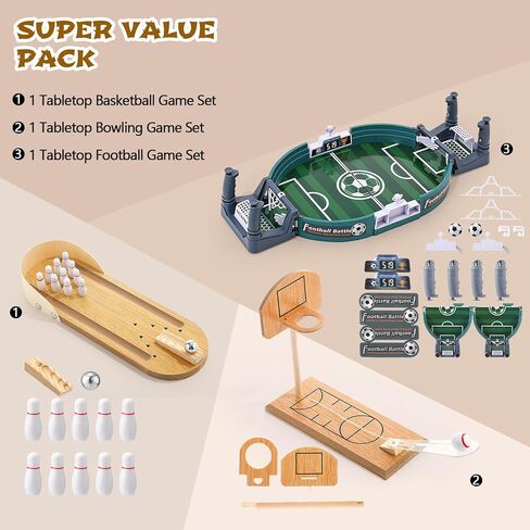Soulchen Sports Table Top Game Set Mini Tabletop Wooden Bowling, Wooden Basketball, Plastic Soccer Set Office Desk Toy Decor Gag Cute White Elephant Christmas Fun Gifts for Family Party Indoor in Kuwait