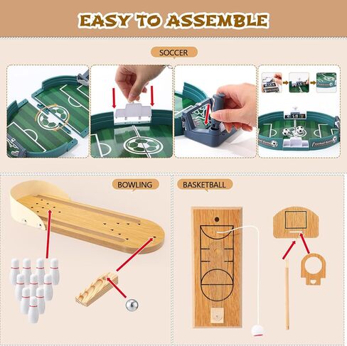 Soulchen Sports Table Top Game Set Mini Tabletop Wooden Bowling, Wooden Basketball, Plastic Soccer Set Office Desk Toy Decor Gag Cute White Elephant Christmas Fun Gifts for Family Party Indoor in Kuwait