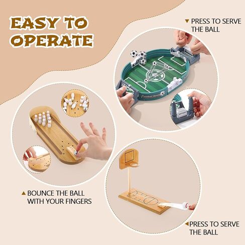 Soulchen Sports Table Top Game Set Mini Tabletop Wooden Bowling, Wooden Basketball, Plastic Soccer Set Office Desk Toy Decor Gag Cute White Elephant Christmas Fun Gifts for Family Party Indoor in Kuwait