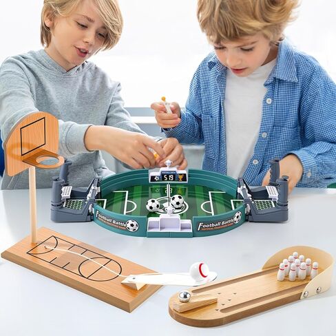 Soulchen Sports Table Top Game Set Mini Tabletop Wooden Bowling, Wooden Basketball, Plastic Soccer Set Office Desk Toy Decor Gag Cute White Elephant Christmas Fun Gifts for Family Party Indoor in Kuwait