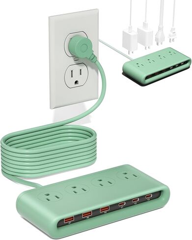 10 in 1 Flat Plug Power Strip with USB C, PD20W Fast Charging Station with 4 Outlets and 6 USB Port（3 Type C+3 USB A, 5ft Extension Cord, Non Surge Protector for Travel (White) in Kuwait