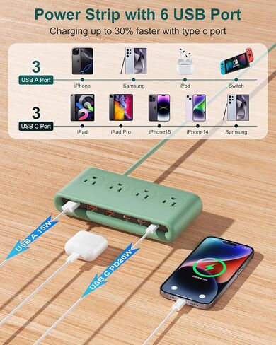 10 in 1 Flat Plug Power Strip with USB C, PD20W Fast Charging Station with 4 Outlets and 6 USB Port（3 Type C+3 USB A, 5ft Extension Cord, Non Surge Protector for Travel (White) in Kuwait