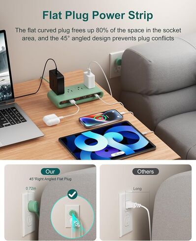 10 in 1 Flat Plug Power Strip with USB C, PD20W Fast Charging Station with 4 Outlets and 6 USB Port（3 Type C+3 USB A, 5ft Extension Cord, Non Surge Protector for Travel (White) in Kuwait