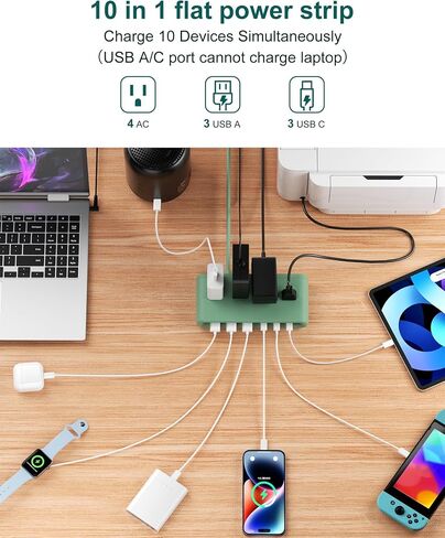 10 in 1 Flat Plug Power Strip with USB C, PD20W Fast Charging Station with 4 Outlets and 6 USB Port（3 Type C+3 USB A, 5ft Extension Cord, Non Surge Protector for Travel (White) in Kuwait