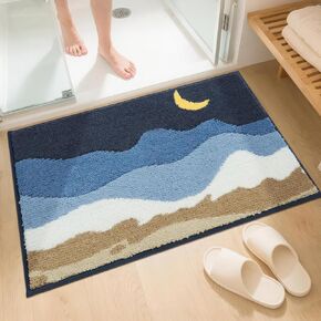 WREWING Beach-Themed Plush Bath Mat, Wave Sand & Footprint Non-Slip Rug with Non-Slip Backing, Soft Absorbent Polyester Floor Mat for Bathroom, Machine Washable Bath Mats 20 x 31 Inches (Blue) in Kuwait