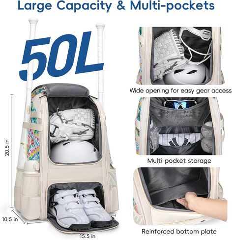Baseball Bag for Youth | Softball Backpack 50L Large Capacity with Shoe Compartment and 4 Bat Holders | Nova Flare Series in Saudi Arabia