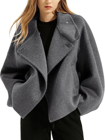 utcoco Women Cropped Thicken Wool Coats Oversized Short Jackets Notched Lapel Pea Coat Trench Overcoats with Pockets in Saudi Arabia