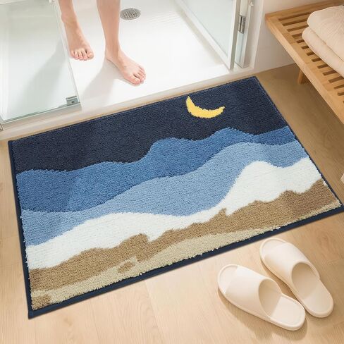 WREWING Beach-Themed Plush Bath Mat, Wave Sand & Footprint Non-Slip Rug with Non-Slip Backing, Soft Absorbent Polyester Floor Mat for Bathroom, Machine Washable Bath Mats 20 x 31 Inches (Blue) in Kuwait