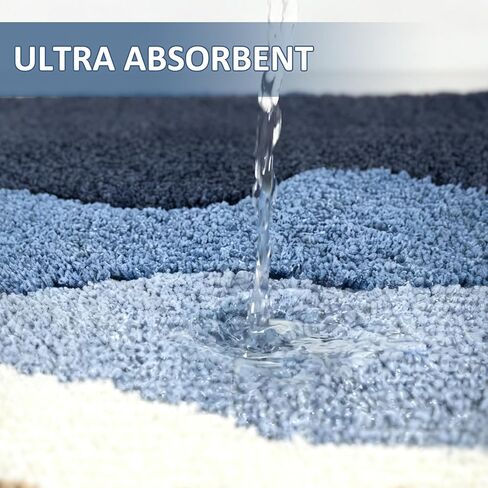 WREWING Beach-Themed Plush Bath Mat, Wave Sand & Footprint Non-Slip Rug with Non-Slip Backing, Soft Absorbent Polyester Floor Mat for Bathroom, Machine Washable Bath Mats 20 x 31 Inches (Blue) in Kuwait