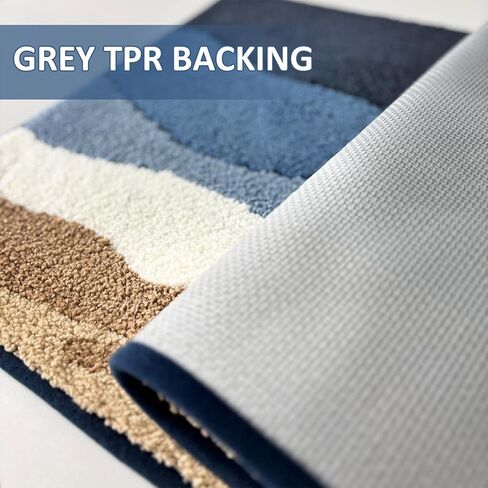 WREWING Beach-Themed Plush Bath Mat, Wave Sand & Footprint Non-Slip Rug with Non-Slip Backing, Soft Absorbent Polyester Floor Mat for Bathroom, Machine Washable Bath Mats 20 x 31 Inches (Blue) in Kuwait