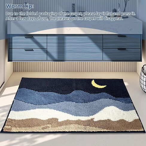 WREWING Beach-Themed Plush Bath Mat, Wave Sand & Footprint Non-Slip Rug with Non-Slip Backing, Soft Absorbent Polyester Floor Mat for Bathroom, Machine Washable Bath Mats 20 x 31 Inches (Blue) in Kuwait