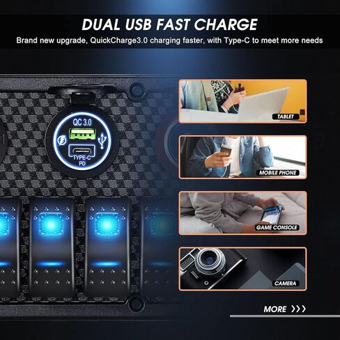 لوحة مفاتيح MKING Marine - لوحة هزازة مقاومة للماء 8 جيجا مع قاطع دائرة، شاحن USB ونوع C، الفولتميتر الرقمي، مقبس السجائر، 12 فولت LED أزرق in Kuwait