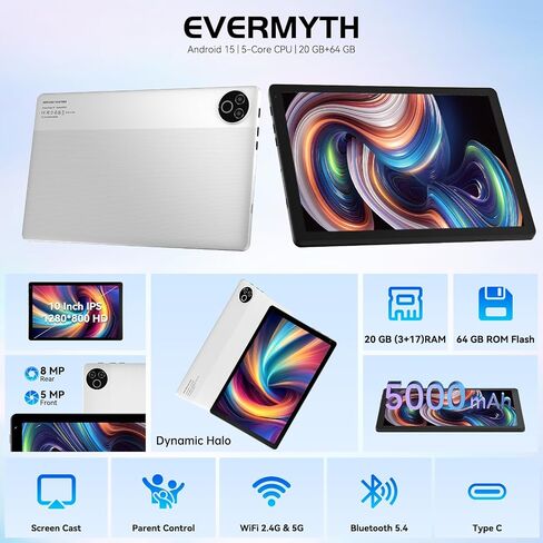 Tablet 10 Inch Android 15 OS GMS Certified Tablets PC 1.8 GHz 5-Core 20 (3+17) GB RAM 64 GB ROM 1 TB Expandable 1280x800 HD IPS Touch Screen 5000 mAh WiFi 6 Bluetooth 5.4 Dual Camera 2025 (Black) in Kuwait
