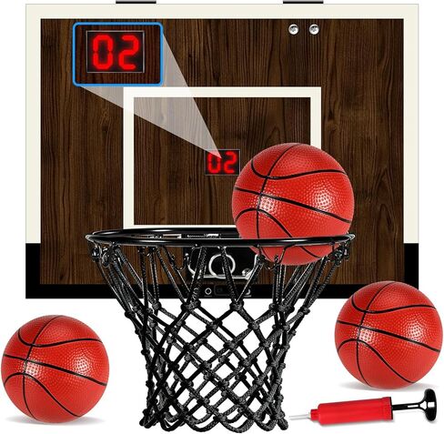 Indoor Mini Basketball Hoop Set – Over The Door with Wood Backboard & Iron Rim – Includes 2 Balls & Air Pump – Anti-Shock Padding – 16"x12"x3" in Kuwait