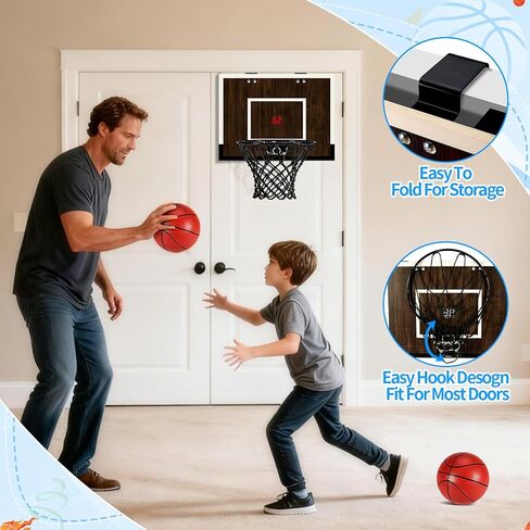 Indoor Mini Basketball Hoop Set – Over The Door with Wood Backboard & Iron Rim – Includes 2 Balls & Air Pump – Anti-Shock Padding – 16"x12"x3" in Kuwait