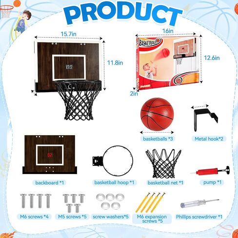 Indoor Mini Basketball Hoop Set – Over The Door with Wood Backboard & Iron Rim – Includes 2 Balls & Air Pump – Anti-Shock Padding – 16"x12"x3" in Kuwait