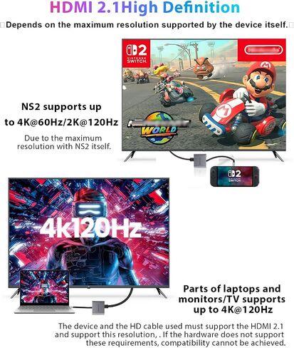 Switch 2 Dock,USB C to Hdmi for Nintendo Switch 2 Docking Station,Switch 2 Portable Dock Switch 2 TV Dock with 4k120Hz/PD Port,HD to USBC for NS2 Hub, Compatible with Nintendo Switch 1/2 and Laptop in Kuwait