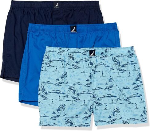 Nautica Men's Classic Cotton 3-Pack Woven Boxer, Peacoat/Sea Cobalt/Aero Blue-White J Class Logo in Saudi Arabia