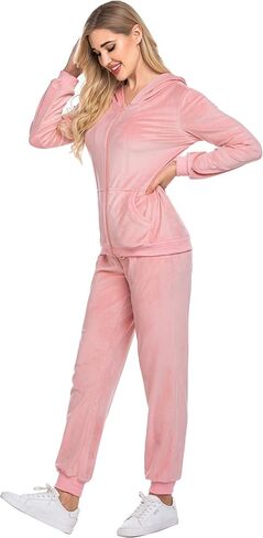 Hotouch Womens Disual Velor Tracksuit مجموعة كاملة سستة هوديي سراويل سراويل مخملية التعرق بدلات الركض XS-XXL in Saudi Arabia