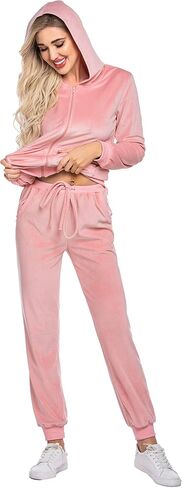 Hotouch Womens Disual Velor Tracksuit مجموعة كاملة سستة هوديي سراويل سراويل مخملية التعرق بدلات الركض XS-XXL in Saudi Arabia