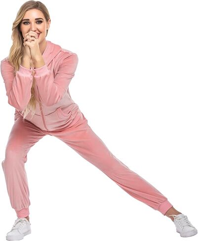 Hotouch Womens Disual Velor Tracksuit مجموعة كاملة سستة هوديي سراويل سراويل مخملية التعرق بدلات الركض XS-XXL in Saudi Arabia