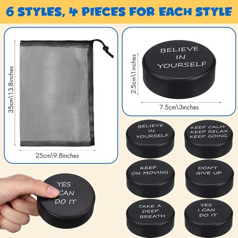 Soulchen 24 Pcs Motivational Ice Hockey Pucks Pack with Mesh Bag 3" Sport Hockey Sticker Foam for Practicing and Classic Training Official Regulation Favors in Saudi Arabia