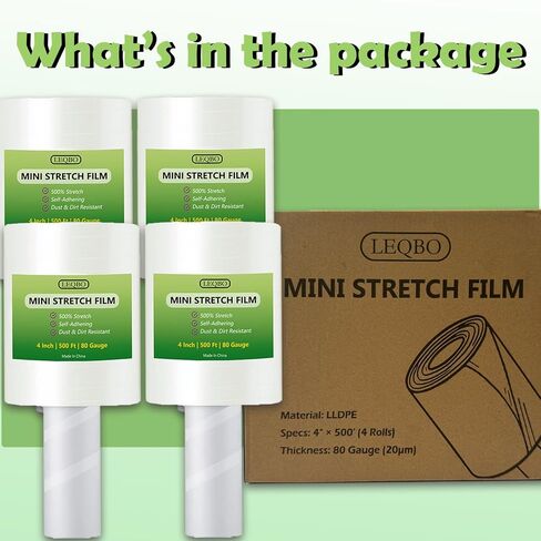 فيلم Wrap Mini Stretch ، مقاييس 4 بوصات × 500 قدم 80 ، قوة صناعية ، غلاف تقلص واضح للتغليف من البليت بالمقبض ، المعدل الذاتي المتين للتحرك والتعبئة ، مقاومة للدموع ، لفاتان in Kuwait