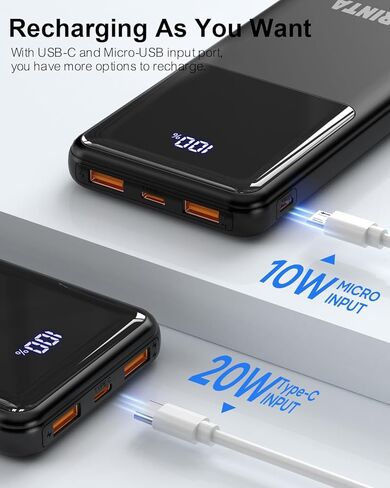 Power Bank Portable Charger 10000mah PD 22.5W ، حزمة بطارية نحيفة مع شاشة LED وإدخال/إخراج USB-C ، متوافق مع iPhone 16 15 14 13 12 ، Galaxy S24 23 22 21 ، أقراص. ، إلخ (أسود) in Kuwait