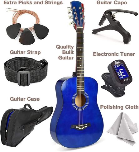 Left Handed Acoustic Guitar For Kids By MasterPlay- 30" Beginner Guitar For Learners- Accoustic String Starter Kit: Guitar Bag, Tuner, Strap, Extra Strings, Picks, Wash Cloth, Capo (Blua) in Kuwait