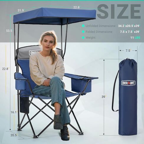 Overmont Beach Chair with Canopy Shade and Cooler - Support 330lbs Oversized Folding Camping Chair with Umbrella- Cup Holder - Cool Bag - Lounge Chair for Sand Travel Outdoor Pool Sports Blue in Kuwait
