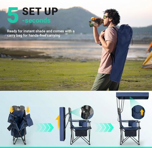 Overmont Beach Chair with Canopy Shade and Cooler - Support 330lbs Oversized Folding Camping Chair with Umbrella- Cup Holder - Cool Bag - Lounge Chair for Sand Travel Outdoor Pool Sports Blue in Kuwait