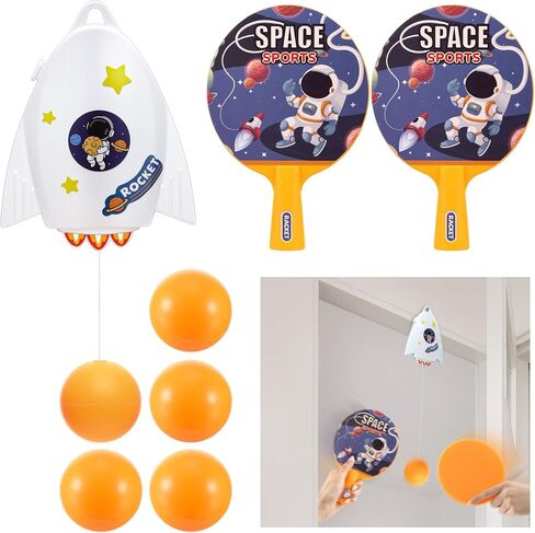 Soulchen Hanging Table Tennis Trainer Portable Set Door Table Tennis Game Includes Two Rackets with Space Themed Sticks, 4 Balls, an Adjustable String Puller and a Hook for Kids Beginners in Kuwait