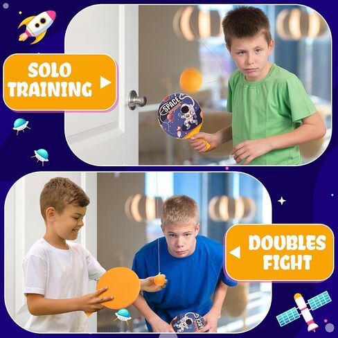 Soulchen Hanging Table Tennis Trainer Portable Set Door Table Tennis Game Includes Two Rackets with Space Themed Sticks, 4 Balls, an Adjustable String Puller and a Hook for Kids Beginners in Kuwait