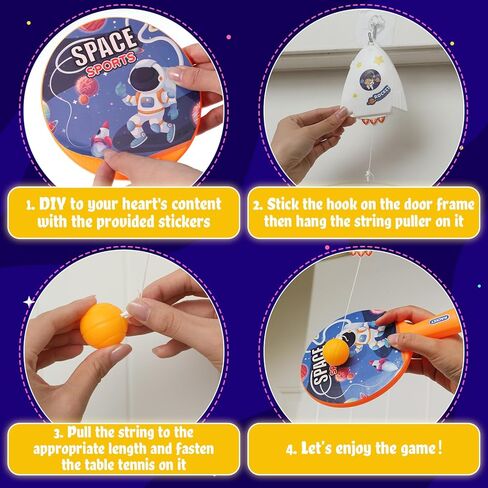 Soulchen Hanging Table Tennis Trainer Portable Set Door Table Tennis Game Includes Two Rackets with Space Themed Sticks, 4 Balls, an Adjustable String Puller and a Hook for Kids Beginners in Kuwait
