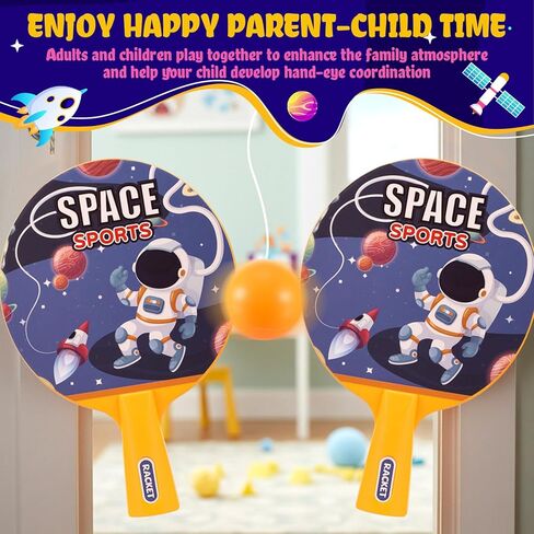 Soulchen Hanging Table Tennis Trainer Portable Set Door Table Tennis Game Includes Two Rackets with Space Themed Sticks, 4 Balls, an Adjustable String Puller and a Hook for Kids Beginners in Kuwait