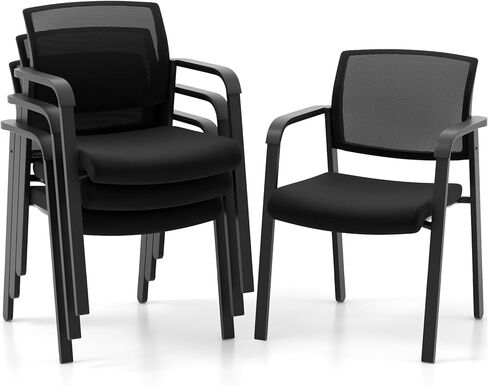 COSTWAY Office Guest Chairs Set of 2, Stackable Conference Room Chair with Wheels, Mesh Backrest and Armrest, Ergonomic Waiting Room Chairs for Office Home Reception Area in Saudi Arabia