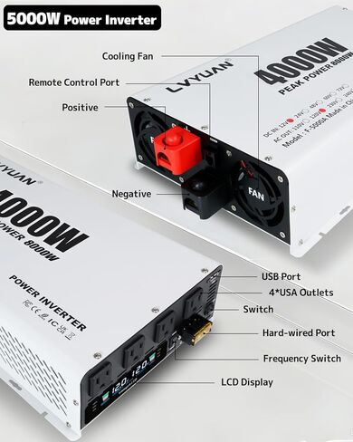 Lvyuan 5000 واط العاكس الطاقة 12V إلى 110 فولت 120V DC إلى محول AC مع 4 منافذ التيار المتردد ، شاشة LCD ، ميناء شحن USB ، التحكم عن بُعد للسيارة في المنزل RV في الهواء الطلق العاكس in Kuwait