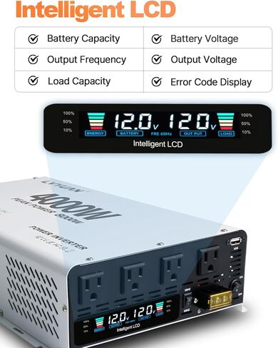 Lvyuan 5000 واط العاكس الطاقة 12V إلى 110 فولت 120V DC إلى محول AC مع 4 منافذ التيار المتردد ، شاشة LCD ، ميناء شحن USB ، التحكم عن بُعد للسيارة في المنزل RV في الهواء الطلق العاكس in Kuwait