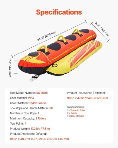 VEVOR Towable Tubes for Boating, 1-3 Riders Inflatable Boat Tubes and Towables, 510lbs Capacity Hot Dog Water Sport Tube for Boat to Pull - with Full Nylon Cover, Padded Handles & Speed Safety Valve in Kuwait