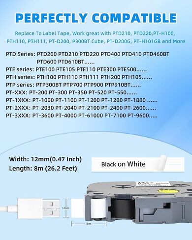 Label Maker Tape Refills Tz Tape 12mm 0.47 Laminated White Replace Compatible for Brother TZe-231 Tze 1/2" Black on White for P-Touch Label Maker PT-D220 D210 H110 D200 D400 1280, 10-Pack in Saudi Arabia