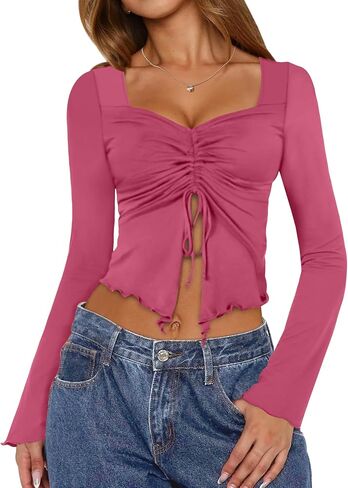 Aimcoo Women's Y2K Tie tops Tops Bell Sleeve Sexy Crop Top Stirts Long Squart in Kuwait