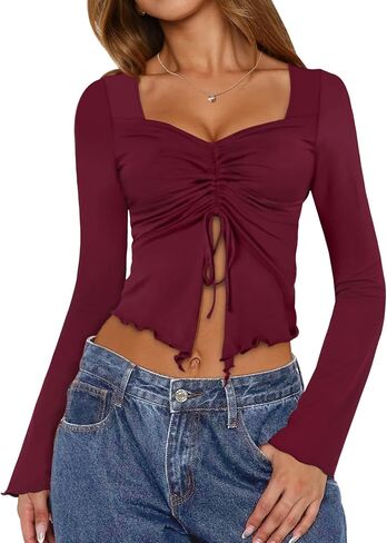 Aimcoo Women's Y2K Tie tops Tops Bell Sleeve Sexy Crop Top Stirts Long Squart in Kuwait