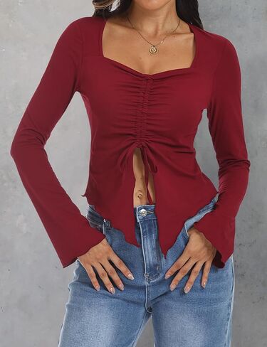 Aimcoo Women's Y2K Tie tops Tops Bell Sleeve Sexy Crop Top Stirts Long Squart in Kuwait