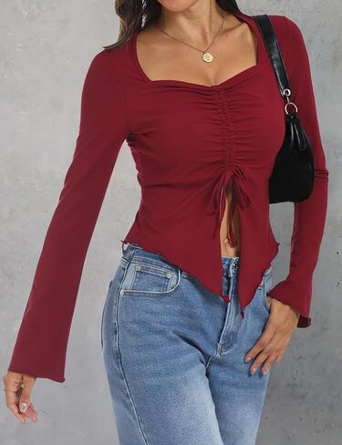 Aimcoo Women's Y2K Tie tops Tops Bell Sleeve Sexy Crop Top Stirts Long Squart in Kuwait