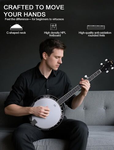 ALLSET 5 String Acoustic Banjo، الحجم الكامل 38 بوصة موالف خامس مُجهز | رأس ريمو وجسم ماهوجني | مجموعة المبتدئين الكاملة + حقيبة الحفلة/الموالف | أفضل هدية للبالغين والمراهقين المبتدئين in Kuwait