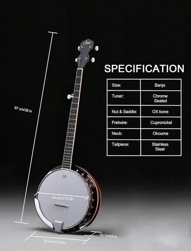 ALLSET 5 String Acoustic Banjo، الحجم الكامل 38 بوصة موالف خامس مُجهز | رأس ريمو وجسم ماهوجني | مجموعة المبتدئين الكاملة + حقيبة الحفلة/الموالف | أفضل هدية للبالغين والمراهقين المبتدئين in Kuwait
