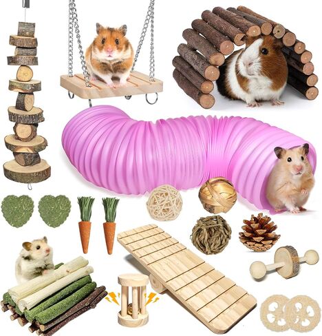 18 PCS Hamster Chew Toys Set ، Natural Apple Wood Guinea Pig Toys ، وملحقات قفص الهامستر تشمل الجسر ، والأرجح ، والجزر ، وتيموثي Straw Stick Care for Rat Gerbil Chinchilla Rabbits in Kuwait