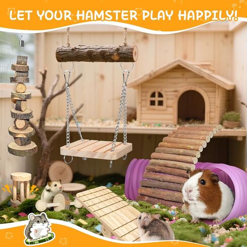 18 PCS Hamster Chew Toys Set ، Natural Apple Wood Guinea Pig Toys ، وملحقات قفص الهامستر تشمل الجسر ، والأرجح ، والجزر ، وتيموثي Straw Stick Care for Rat Gerbil Chinchilla Rabbits in Kuwait