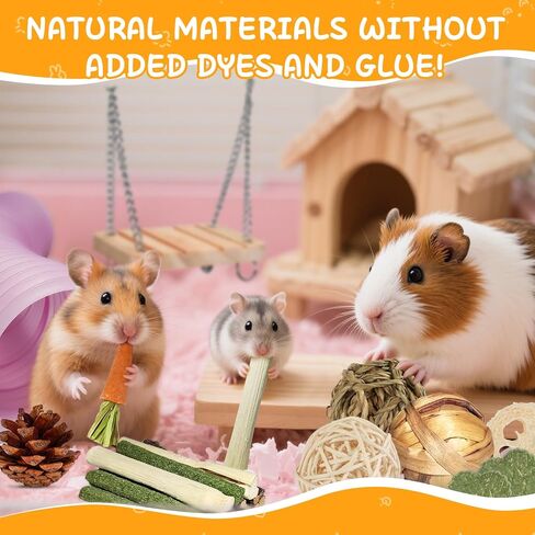 18 PCS Hamster Chew Toys Set ، Natural Apple Wood Guinea Pig Toys ، وملحقات قفص الهامستر تشمل الجسر ، والأرجح ، والجزر ، وتيموثي Straw Stick Care for Rat Gerbil Chinchilla Rabbits in Kuwait